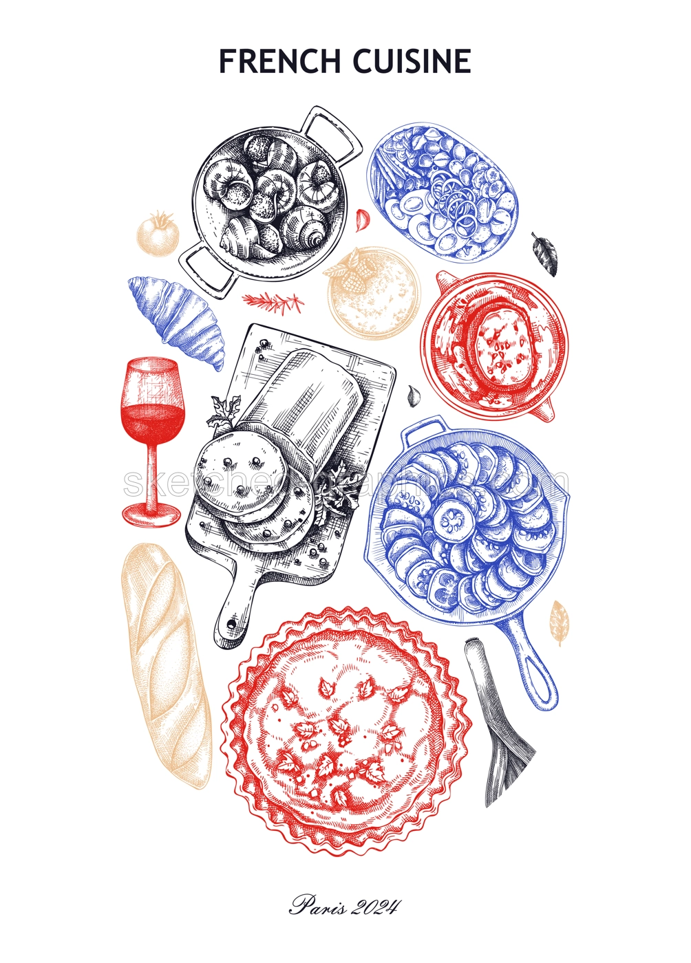 French food poster. Vintage food and wine sketches. European restaurant menu design. France background. Hand-drawn vector illustration, NOT AI generated Illustration